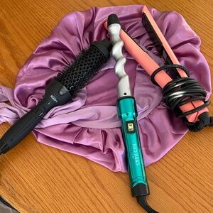 BedHead Teal Curling Wand and Black Brush and VS Straightener